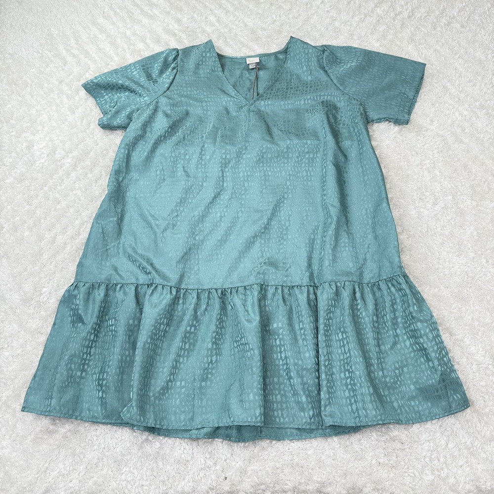 A New Day Dress Womens 2XL Teal Blue Jacquard Drop Waist Short Sleeve Flowy